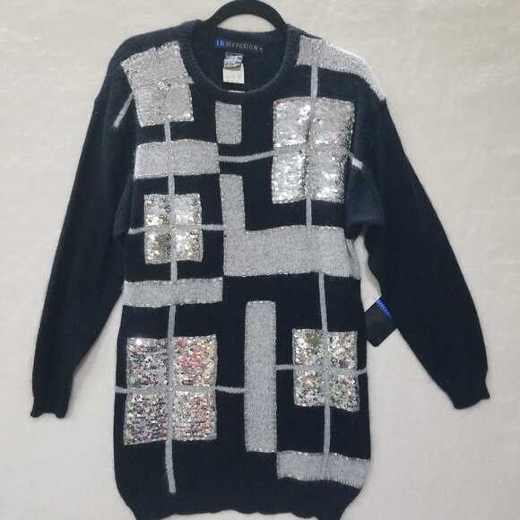 IB Diffusion Womens M Black Silvers Silk Sweater Sequins Beaded Front NWT Vntg - Picture 1 of 14